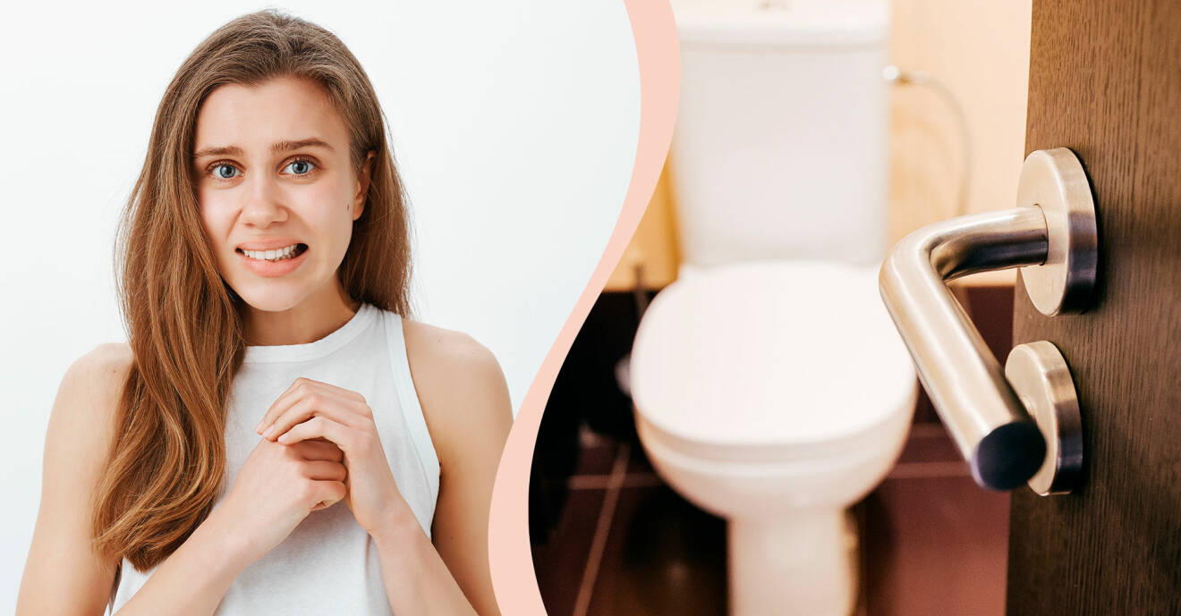 Kvinna ser nervös och skamsen ut och illustrerar hur det ibland inte alltid det går rätt när man gör behöver bajsa på toaletten.