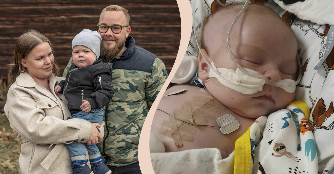 Hugo föddes med ett hjärtfel och var nära att dö strax efter födseln, här med föräldrarna Evelina och Hampus Lång i Timrå.