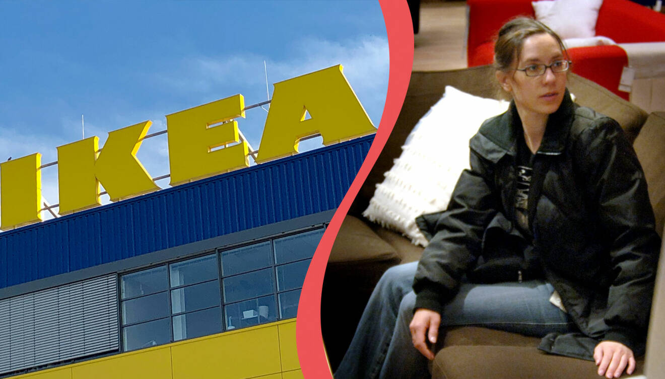 Skylt på Ikeas varuhus och en kvinna som sitter i en soffa på Ikea och tittar på textilier.