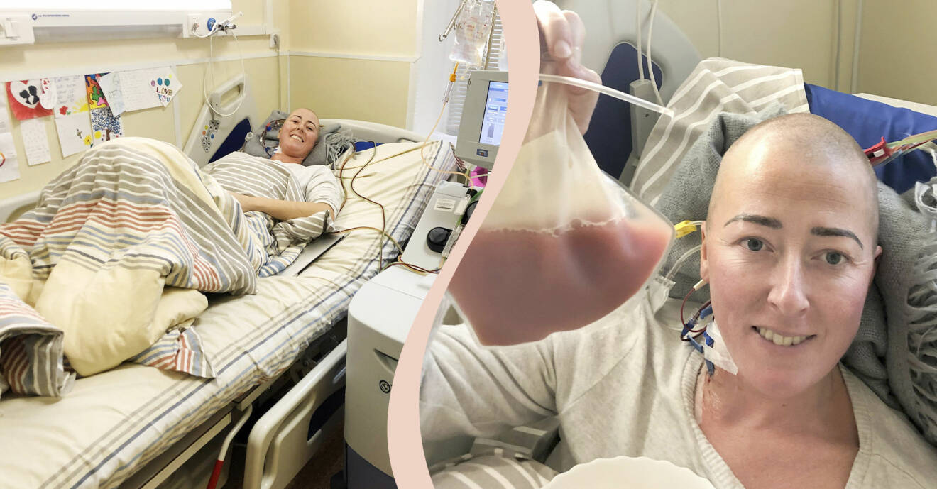 Delad bild. Till vänster ligger Eva N. Farias leende i sängen på ett sjukhus. Till höger syns Eva i närbild i sjukhussängen och hon håller upp en påse med rosa vätska. Hennes hår är borta efter cellgiftsbehandlingar.