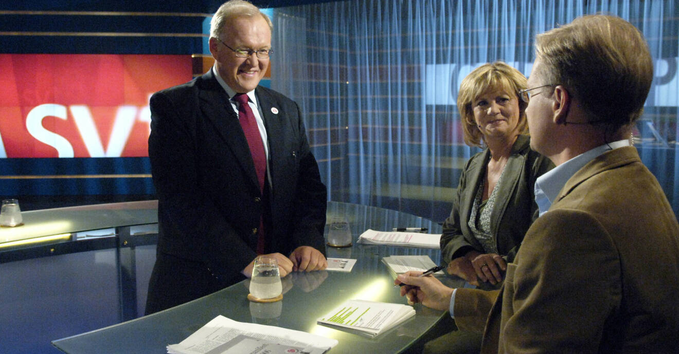 Journalisten Marianne Rundström och kollegan Mats Knutsson med dåvarande statsminister Göran Persson vid en partiledarutfrågning 2006.