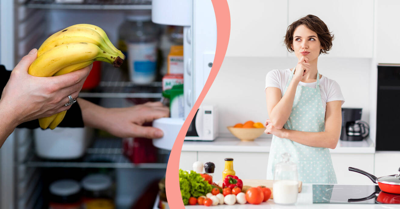 Till vänster, bananer håller felaktigt att läggas i kylen, till höger, en kvinna funderar i köket.