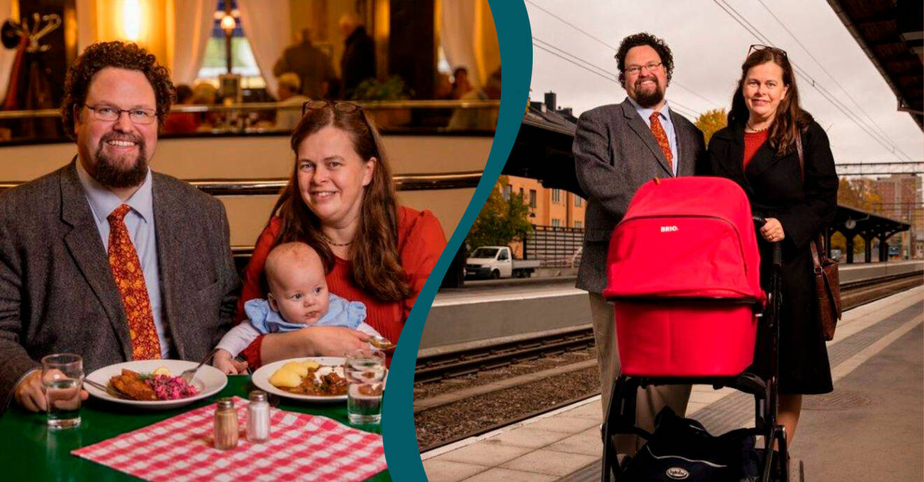 Edward Blom med sin fru Gunilla Kinn och sonen Melchior. Vid restaurangbord och på tågstation med barnvagn.