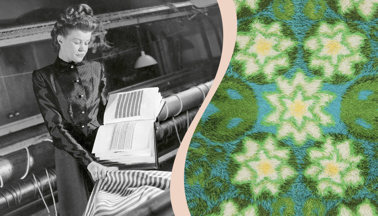 Delad bild. Till vänster svartvitt foto av Astrid Sampe vid vävstol. Till höger ett utsnitt av en ryamatta i gröna och gula toner.