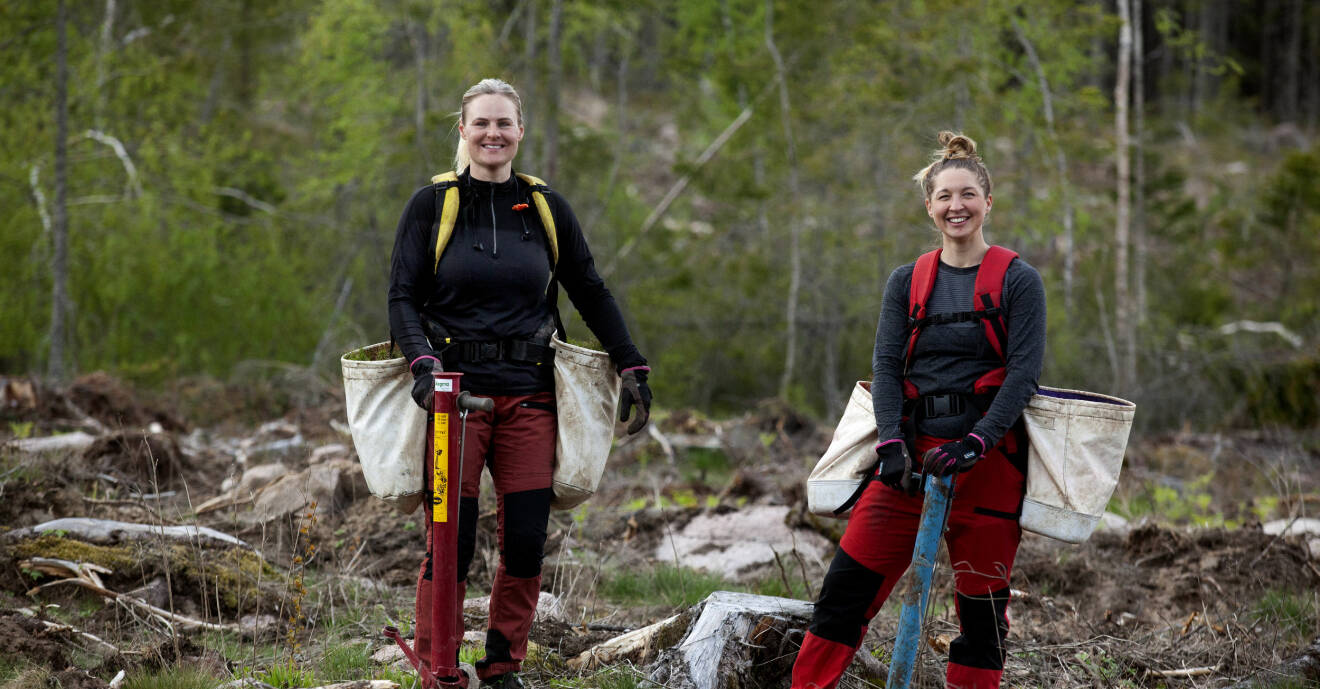 Vännerna Evelina Jonasson och Anna Andersson från Rumskulla är skogsarbetande kvinnor driver företaget Skogsklingorna Röj och Sköj AB ihop.