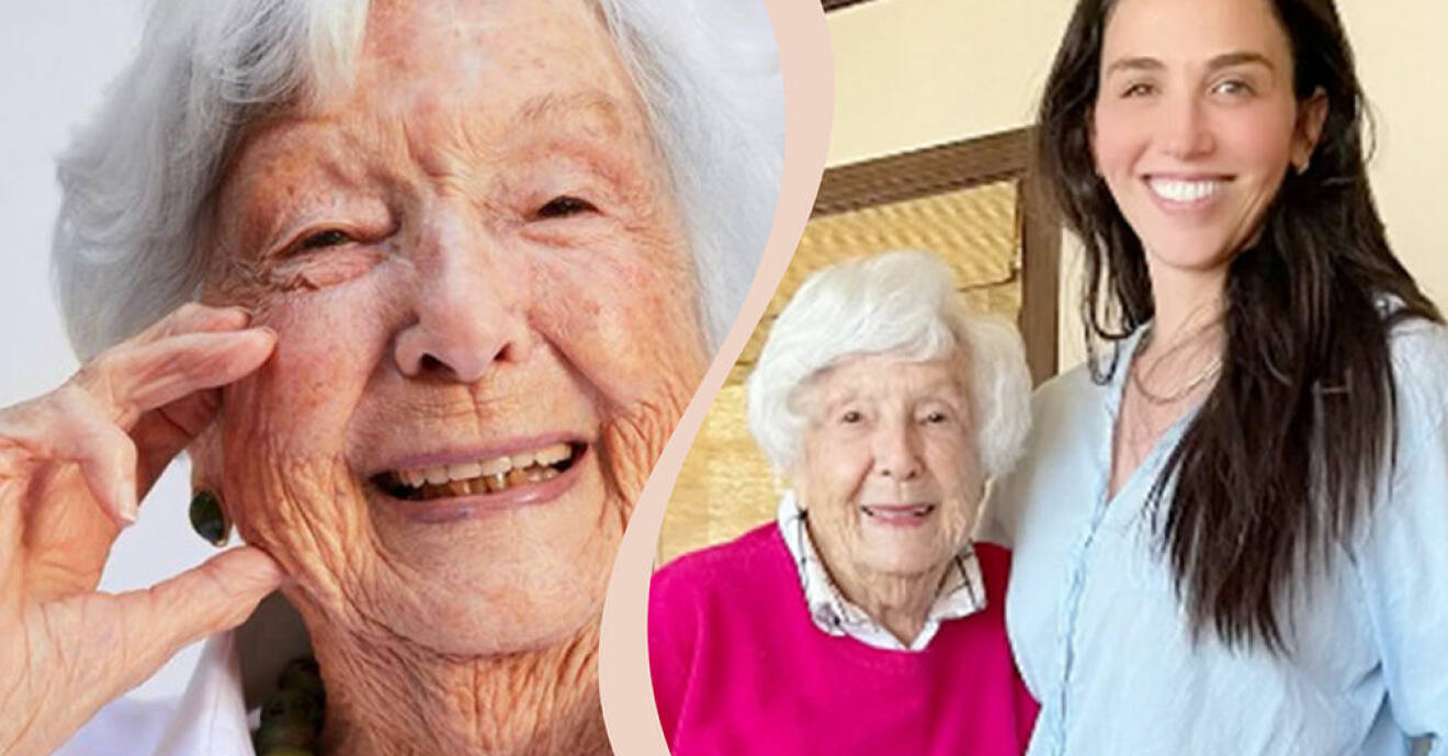 Delad bild. 99-åriga Helene Simon ler. Till höger Helene Simon tillsammans med sitt barnbarn Laney Crowell.