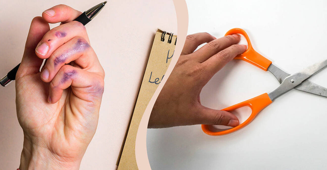 Till vänster en hand med bläckrester som håller en penna, till höger en vänsterhand som håller i en orange sax.