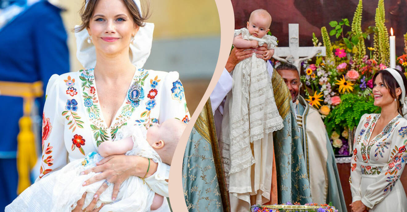 Till vänster prinsessan Sofia med prins Julian i famnen, till höger prins Julians dop.