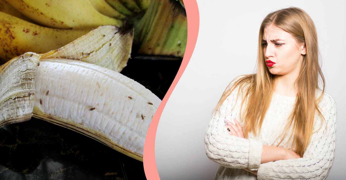 Till vänster, bananflugor på en banan, till höger, en kvinna som visar missnöje.