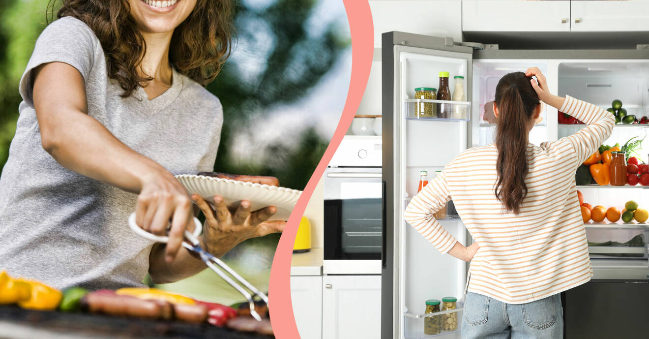 Till vänster, en kvinna plockar mat från en grill, till höger, en kvinna funderar vid ett öppet kylskåp.