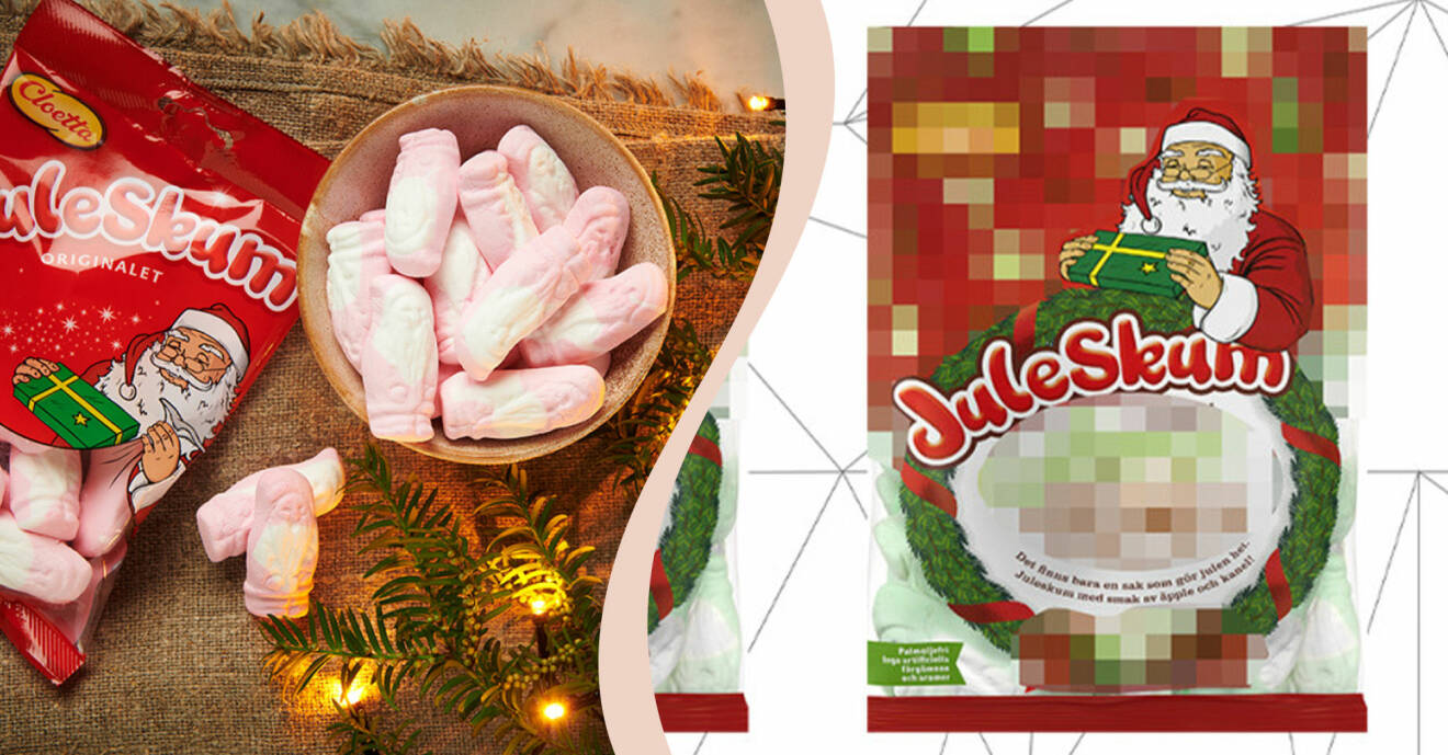 Till vänster juleskum originalet, till höger pixlad bild årets smak av juleskum.
