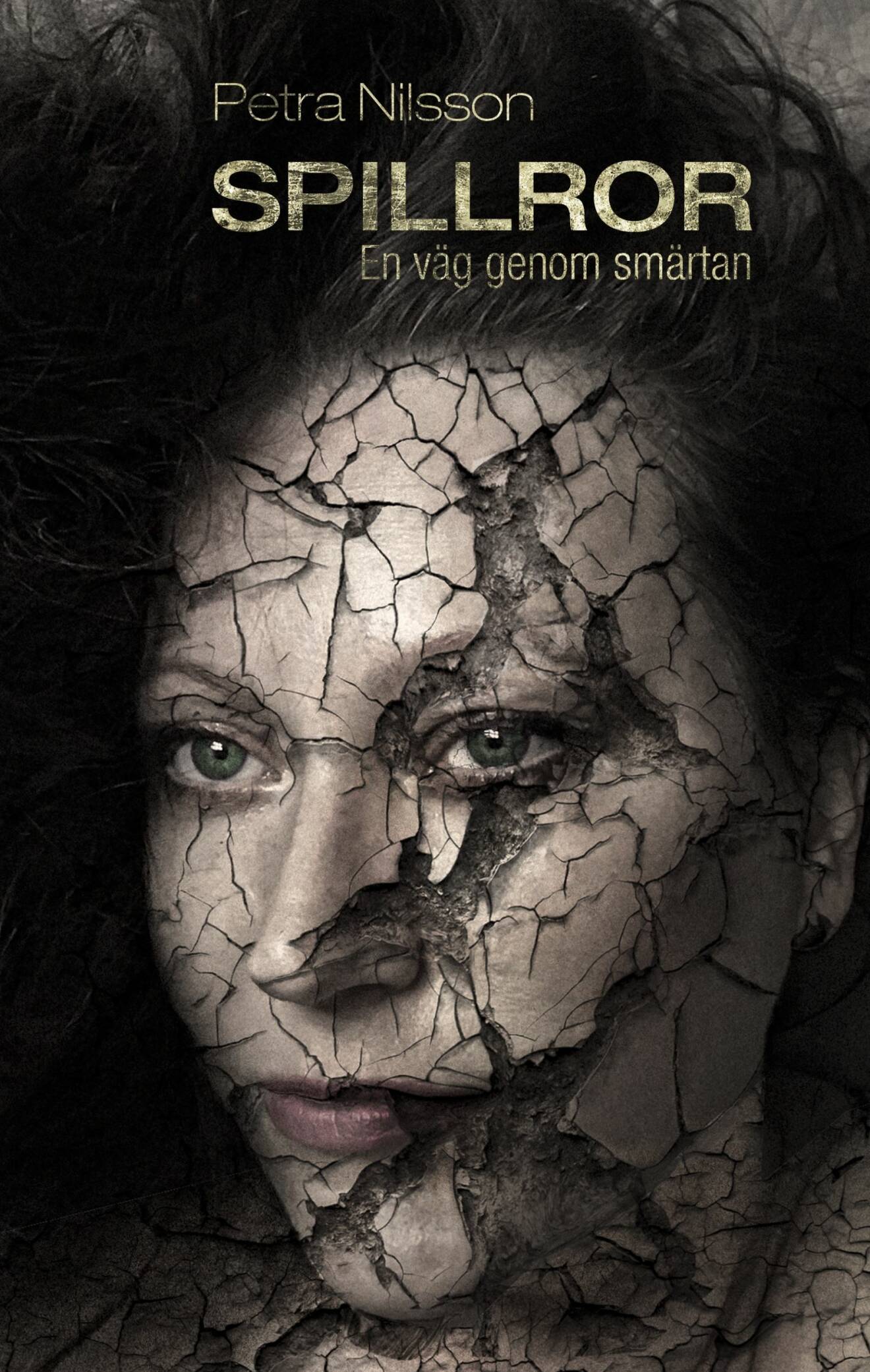 Bild på omslaget till boken Spillror, som synliggör fibromyalgi. På omslaget är ansiktet krackelerat.