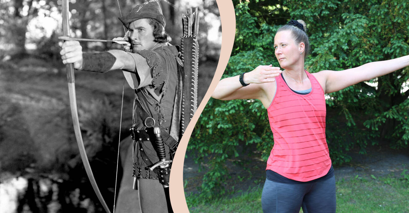 Delad bild. Till vänster Robin med pilbåge, till höger Linda Hallin som gör övningen "Robin Hood".