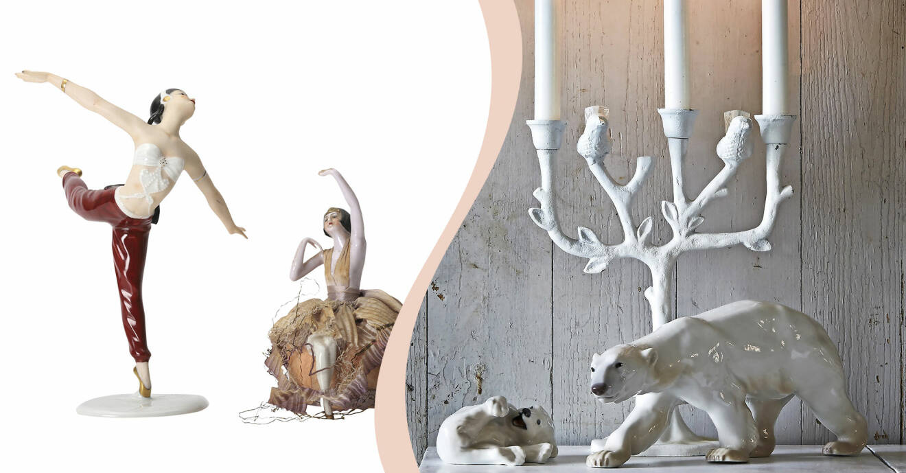 Delad bild: Två figuriner föreställande dansande kvinnor, till höger två vita isbjörnar i porslin och en vit kandelaber.