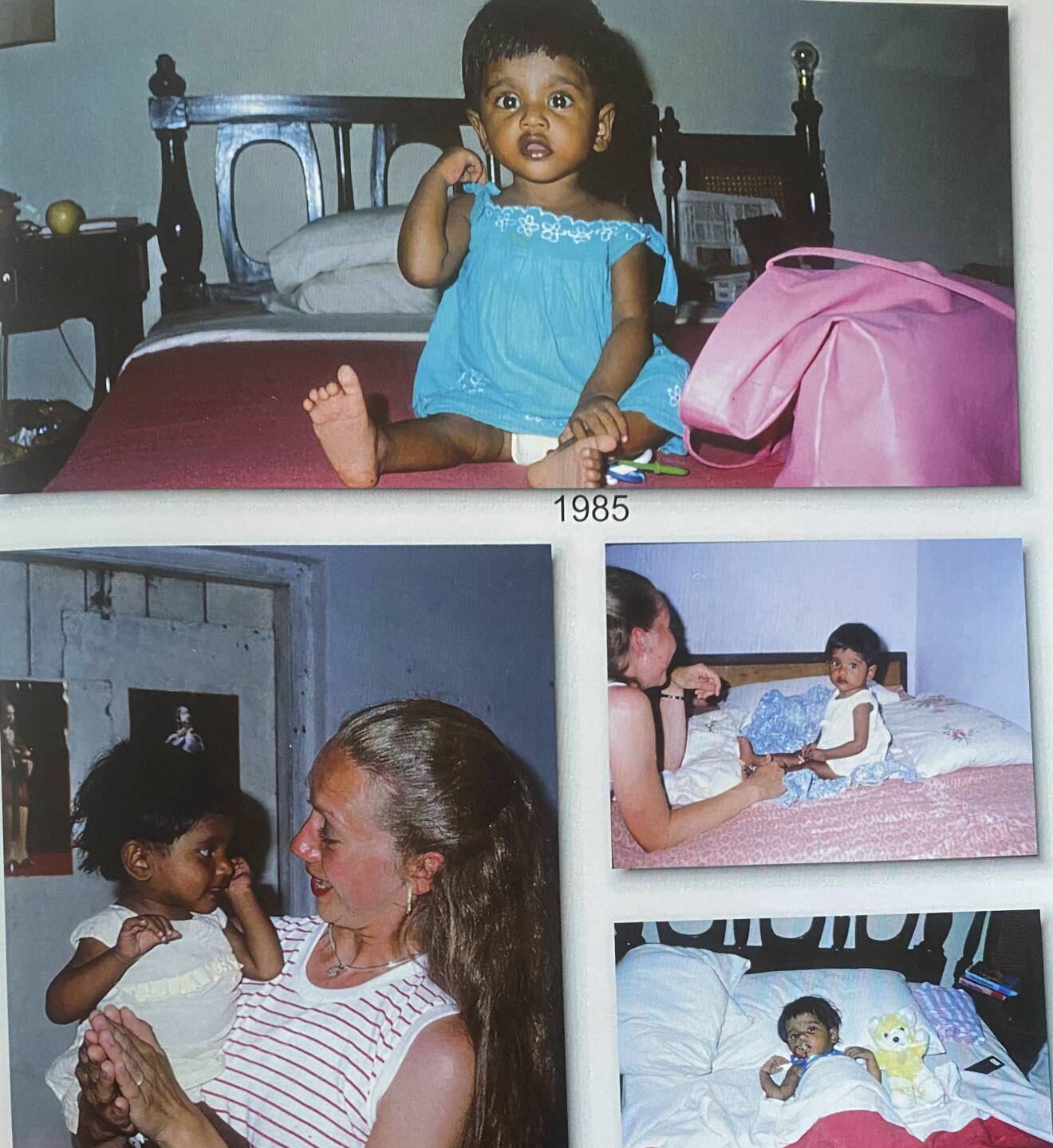 Drygt ettåriga Linn och hennes svenska mamma på en sida i fotoalbumet 1985.