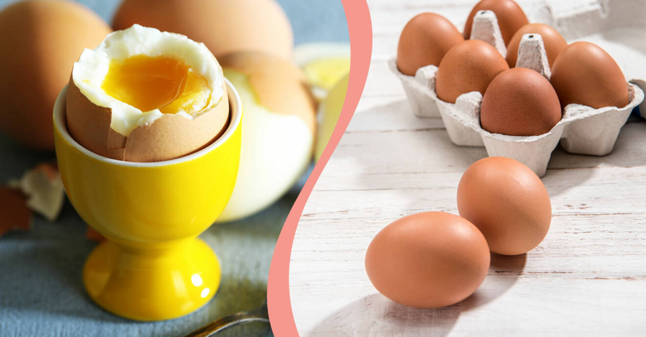 Till vänster, ett löskokt ägg, till höger, ägg i en kartong och på ett bord.