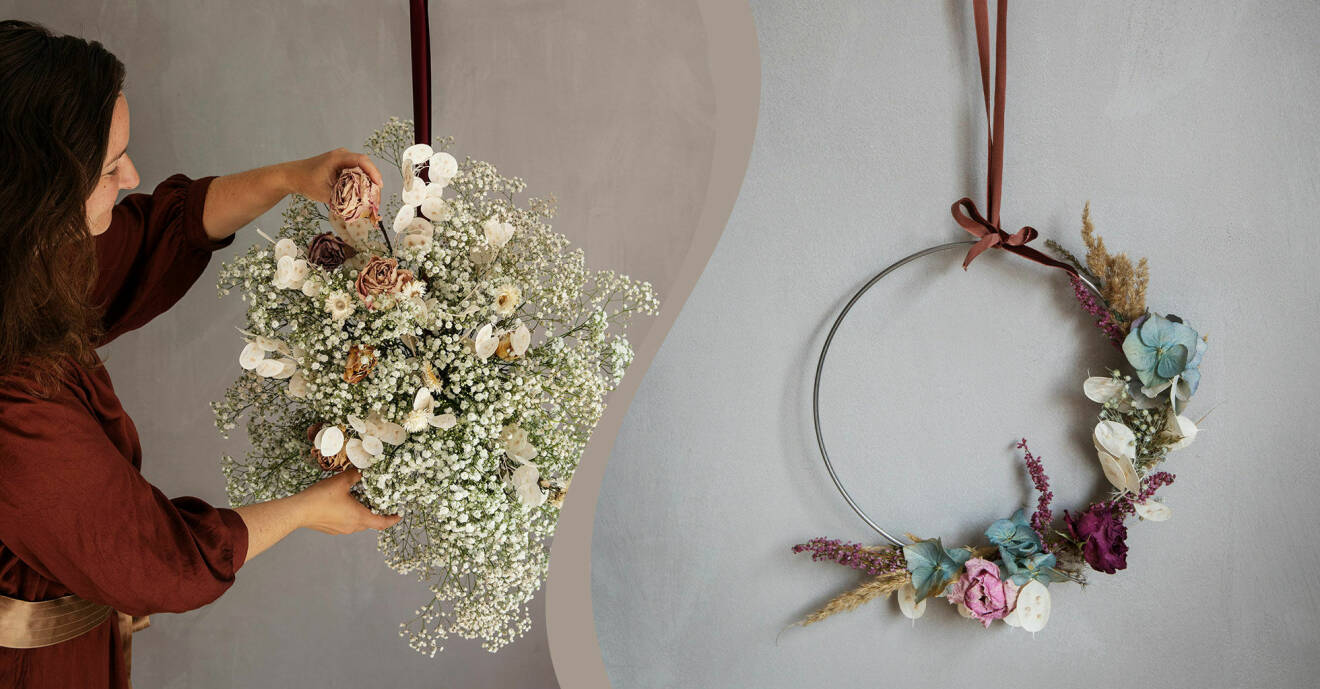 Två olika hängande arrangemang med torkade blommor.