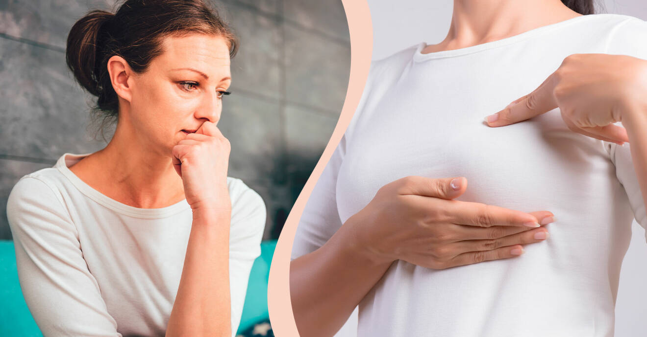 Kvinna oroar sig, biter på naglarna. Kvinna känner på bröst efter knölar för att upptäcka bröstcancer.