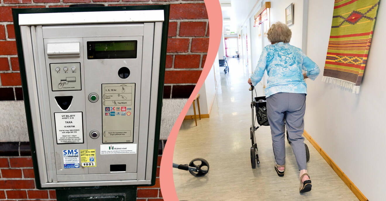 Bild till vänster, en parkeringsautomat, till höger en äldre kvinna med rollator i en korridor.