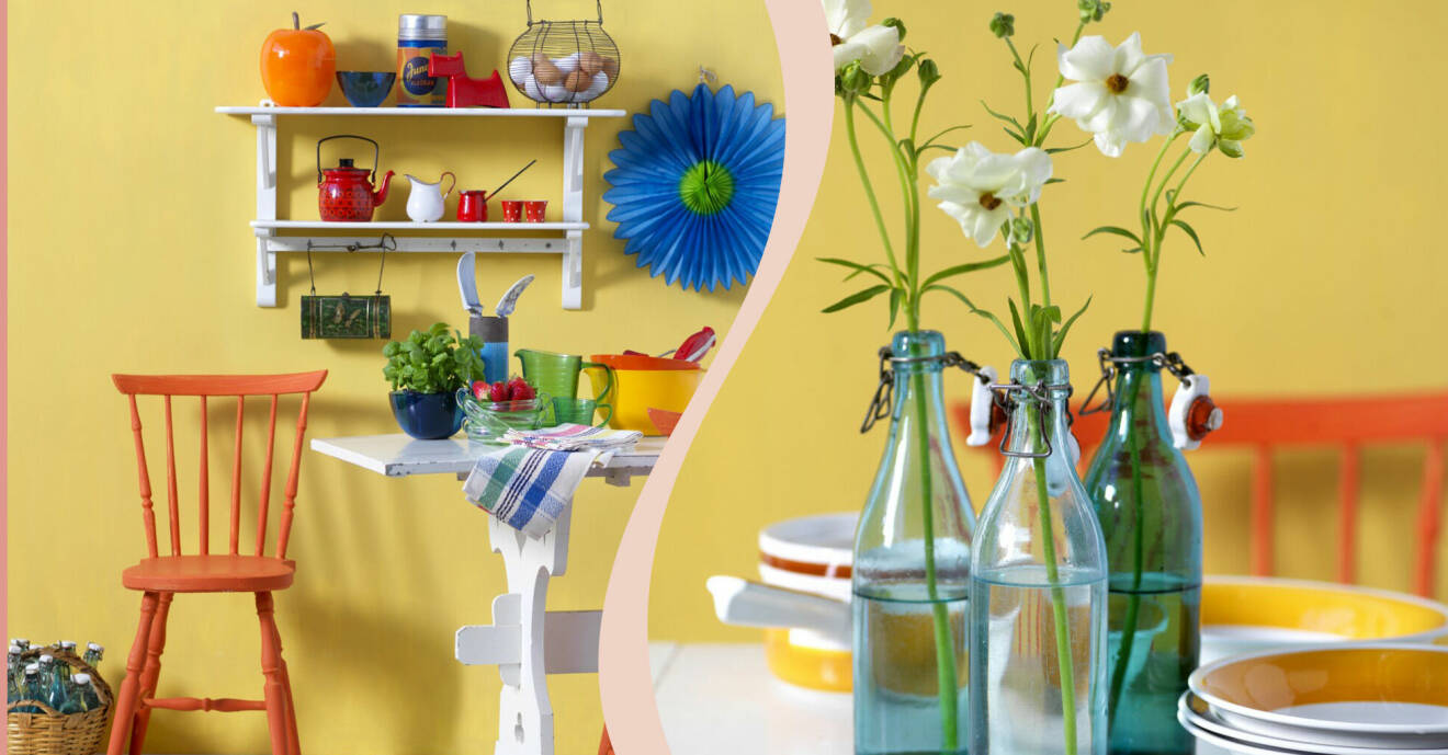 Kök med massor av färgglada retroprylar mot en gul vägg.