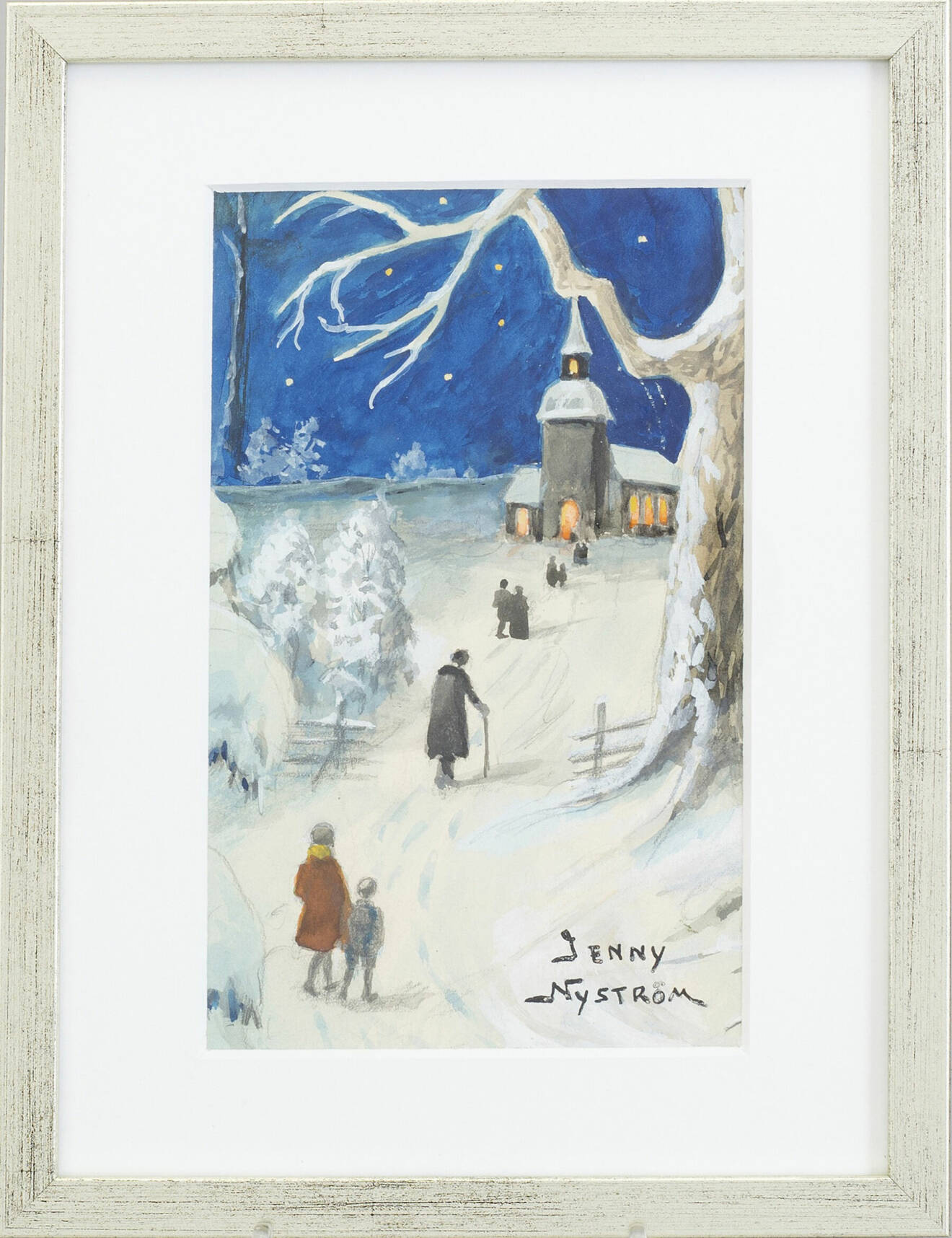 Akvarell av kyrka i vinterlandskap av Jenny Nyström.