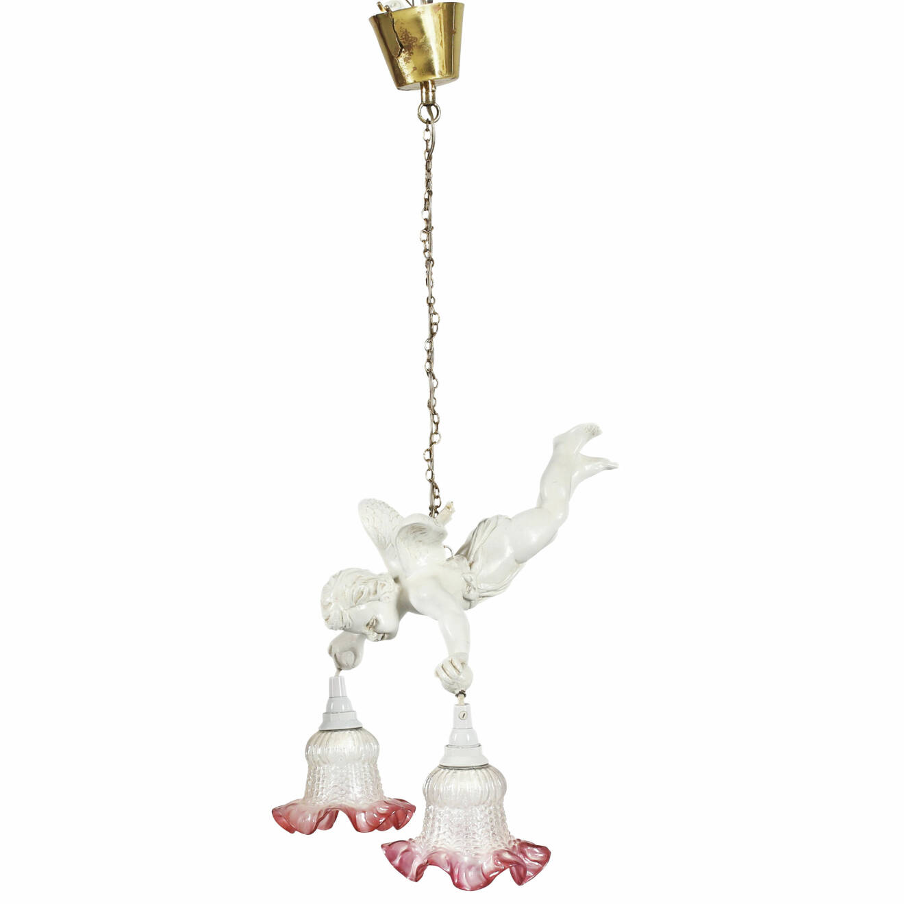 Taklampa i gips och glas, hängande ängel håller två lampor i händerna.