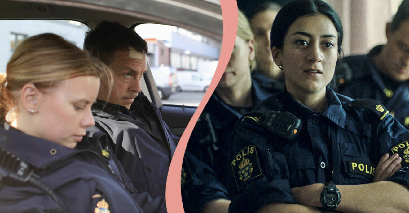 Till vänster, poliserna Sara och Magnus, spelas av Amanda Jansson och Oscar Töringe.