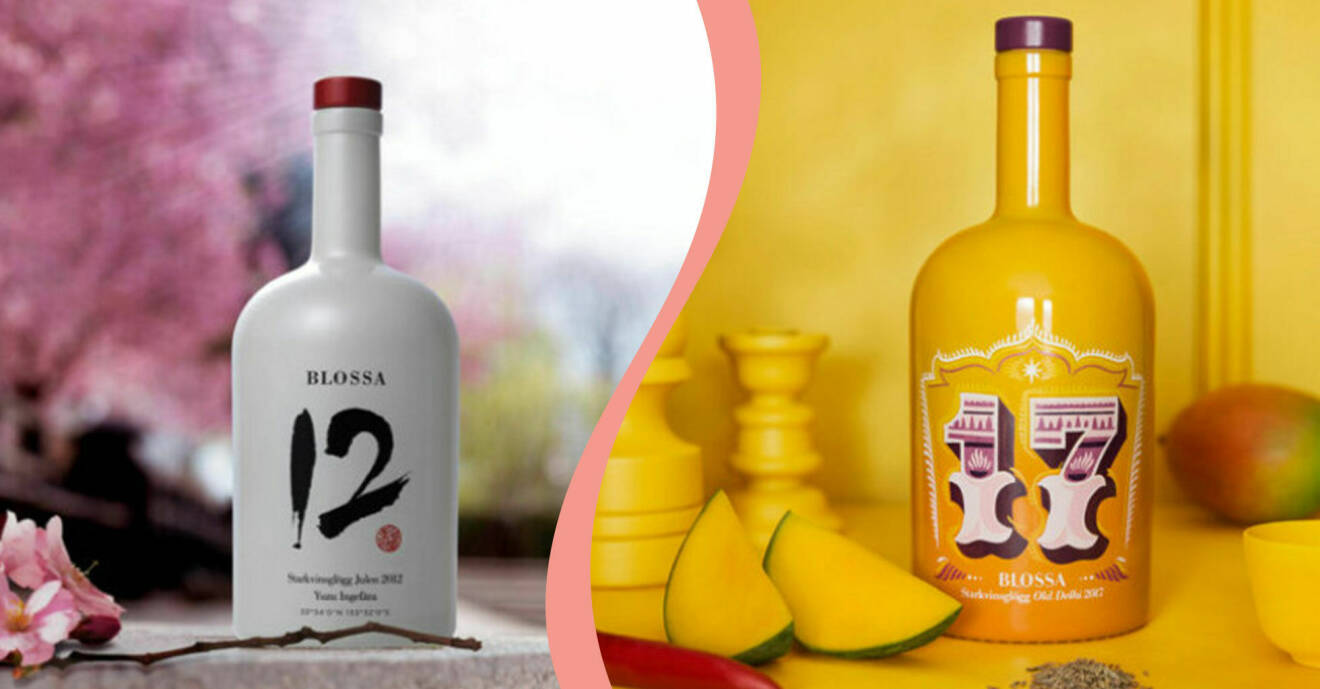 Delad bild. Till vänster en flaska av Blossas årgångsglögg från 2012. Till höger en flaska av Blossas årgångsglögg från 2017.