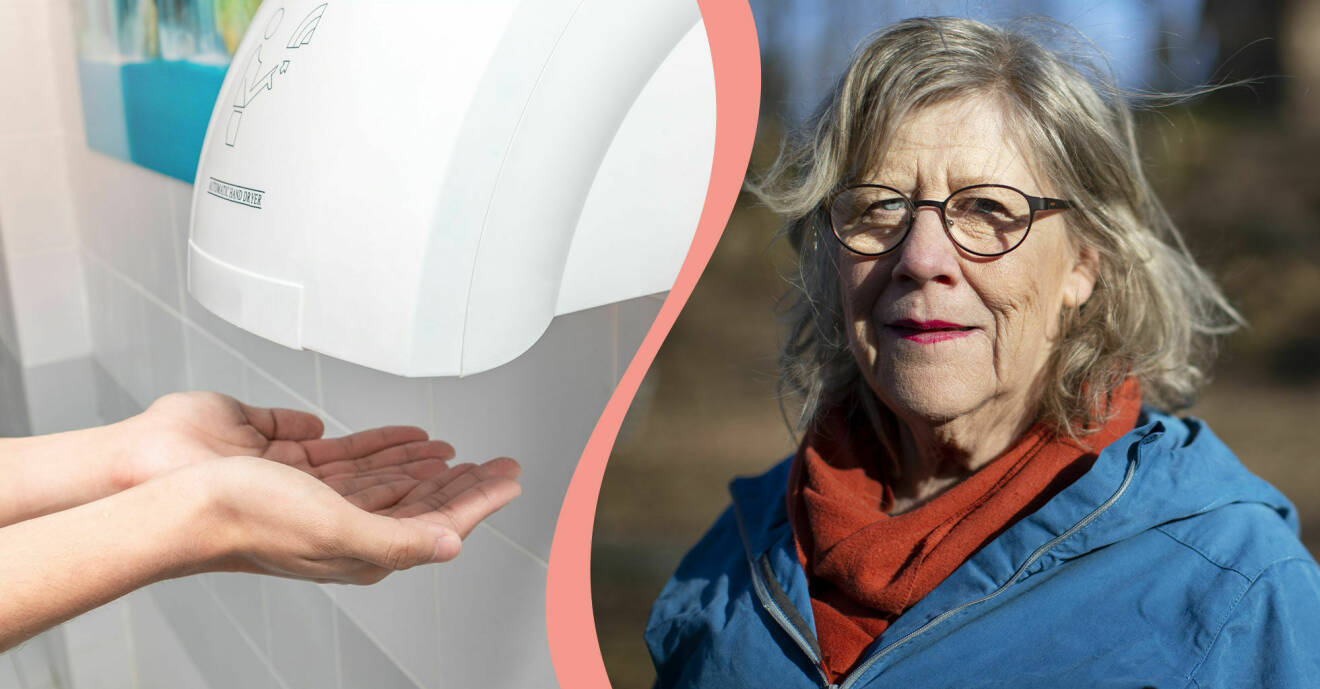 Delad bild. Till vänster ett par händer under en automatisk handtork på en offentlig toalett. Till höger professor Agnes Wold.