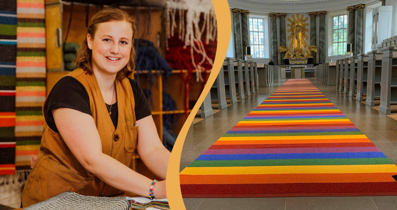 Bild på väverskan Maria Ljunggren och bild på en en matta i regnbågsfärger som ligger i en altargång i en kyrka.
