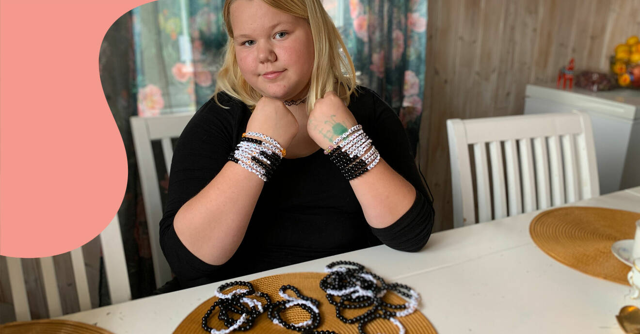Novalie, 9 år, tillverkar armband för att hjälpa andra barn som har det svårt.
