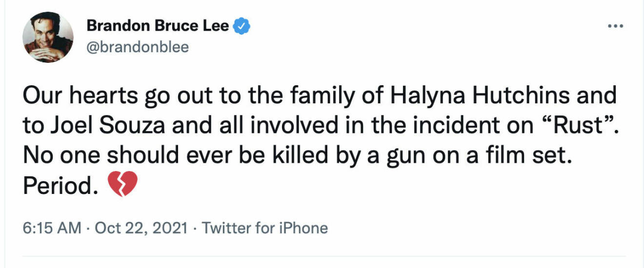 Brandon Lees familj uttryckte sina kondoleanser på twitter efter olyckan.