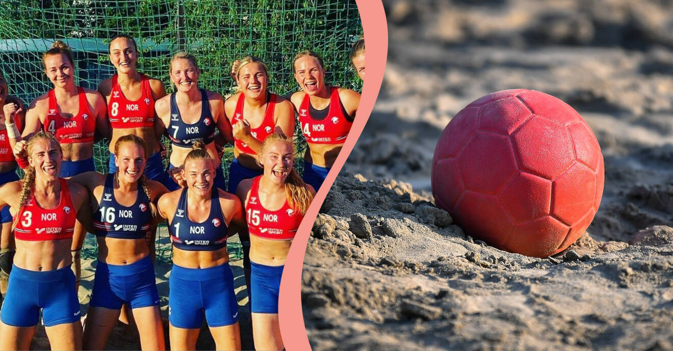 Till vänster, norska landslaget i beachhandboll, till höger, en beachhandboll i sanden.