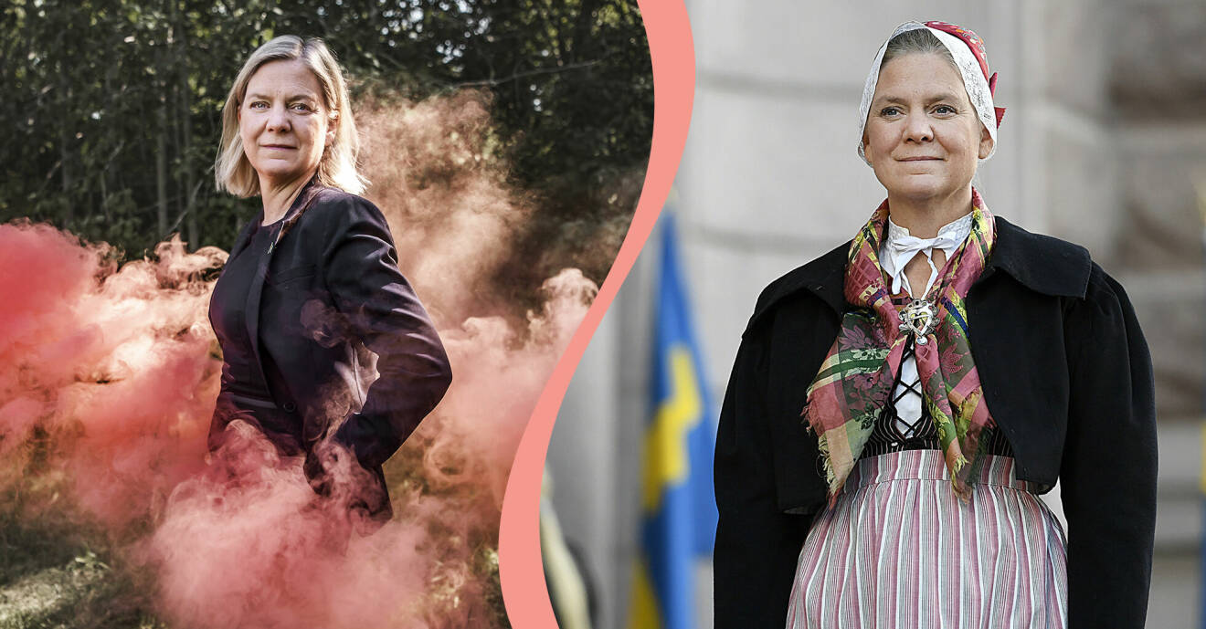 Till vänster, Magdalena Andersson fotograferas omgiven av röd rök i samband med en intervju, till höger, Magdalena Andersson i folkdräkt inför riksdagens öppnande år 2020.