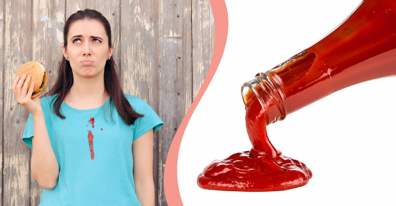 Till vänster, kvinna med tomatsås på tröjan, till höger en flaska ketchup.