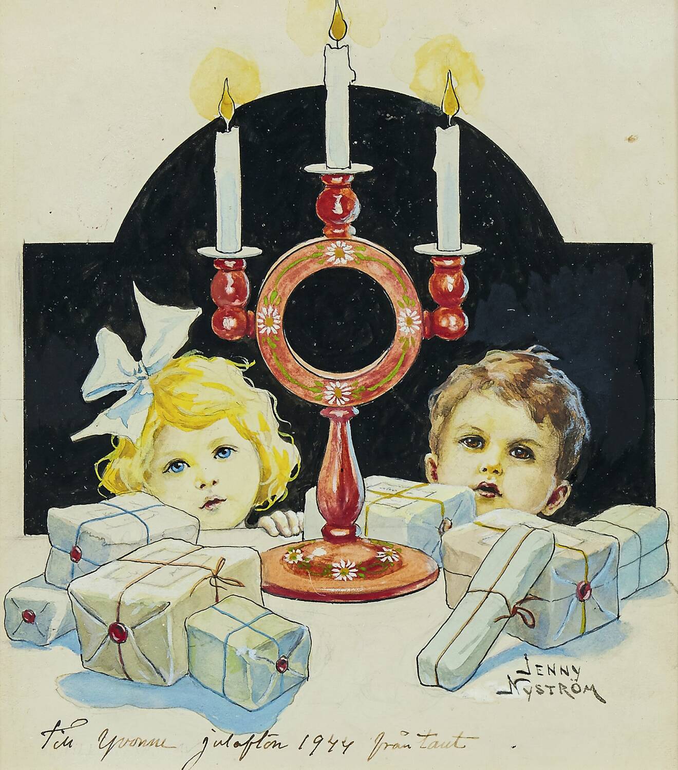Jenny Nyström målade den rara akvarellen Barn och julklappar 1925. Jenny var familjeförsörjare och mycket produktiv eftersom maken var sjuklig. Hon utförde en mängd jul- och påskmotiv och andra illustrationer under sitt långa liv. Akvarellens bildyta mäter 19x16cm. Det imponerande slutpriset hos Uppsala Auktionskammare blev 20000kr.