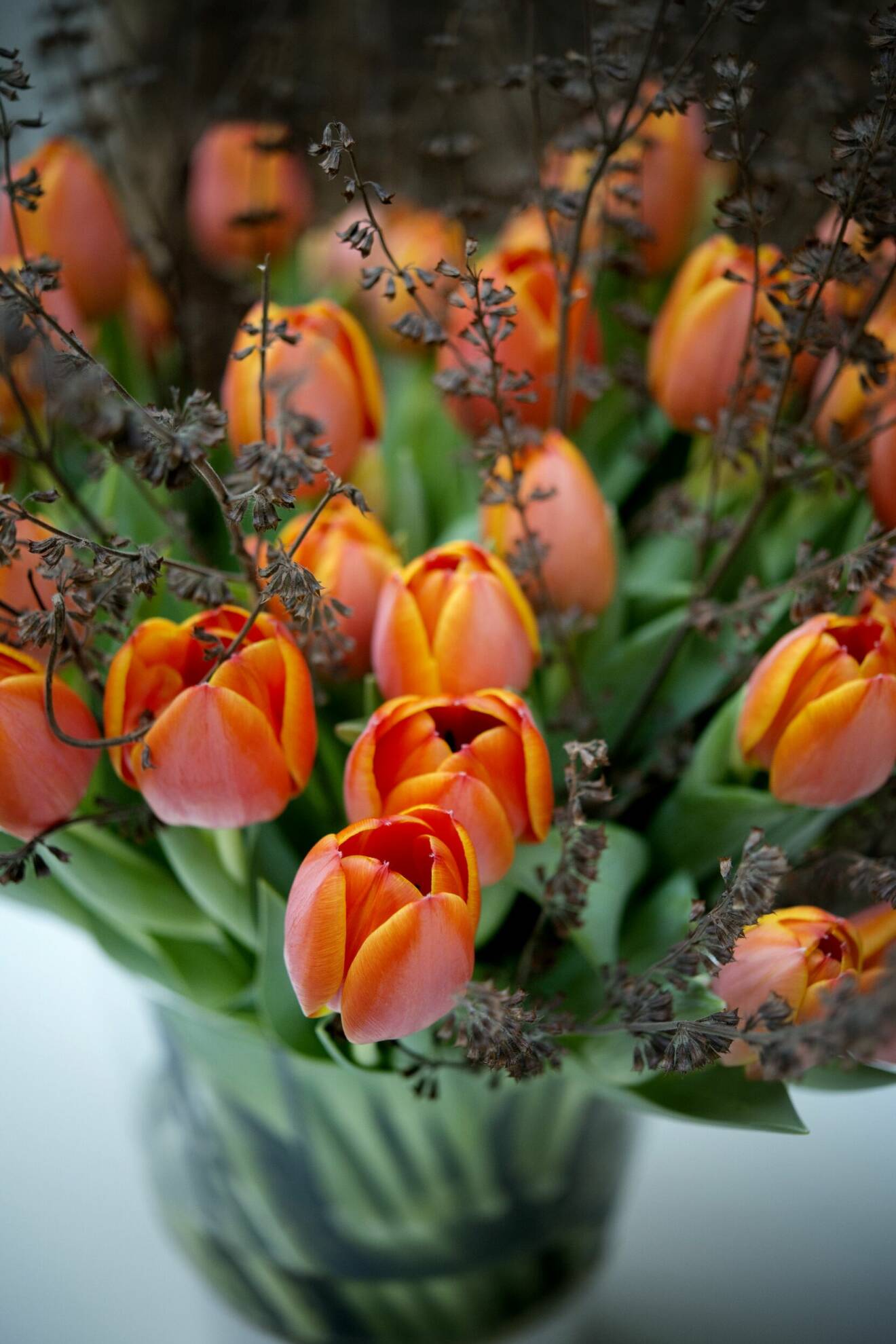 Närbild på orangea tulpaner i en glasvas.