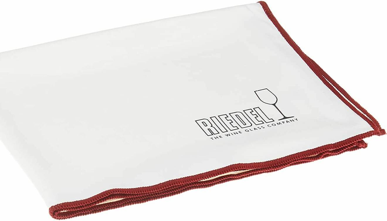 Riedel vit och röd handduk för att putsa glas.