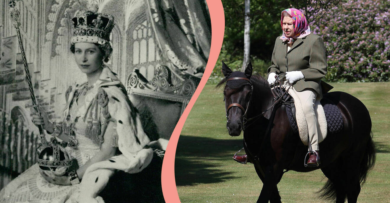 Delad bild. Till vänster drottning Elizabeth under sin kröning 1953. Till höger drottningen på en häst.