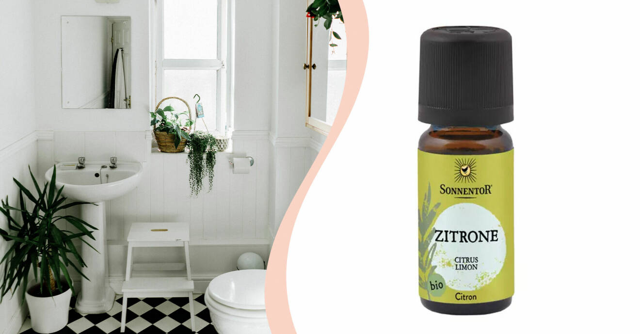Montagebild på ett badrum till vänster och en flaska med eterisk olja i doft citron till höger.