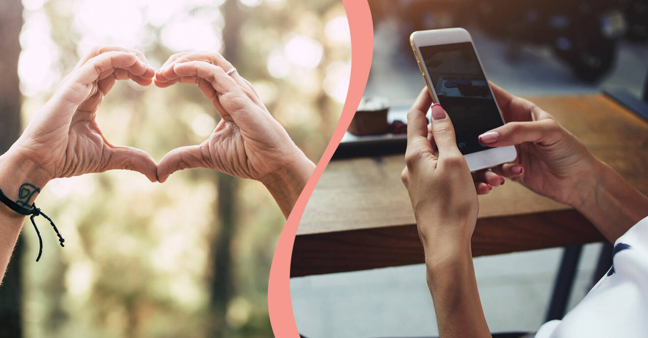 Till vänster, ett par händer gör ett hjärta med skog som bakgrund, till häger en kvinna som håller i en mobiltelefon.