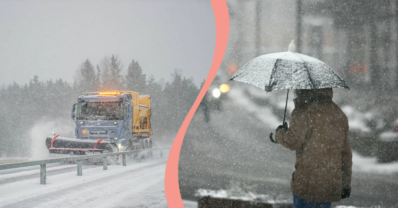 Till vänster, en plogbil röjer snö, till höger, en kvinna håller i ett paraply mot snön.