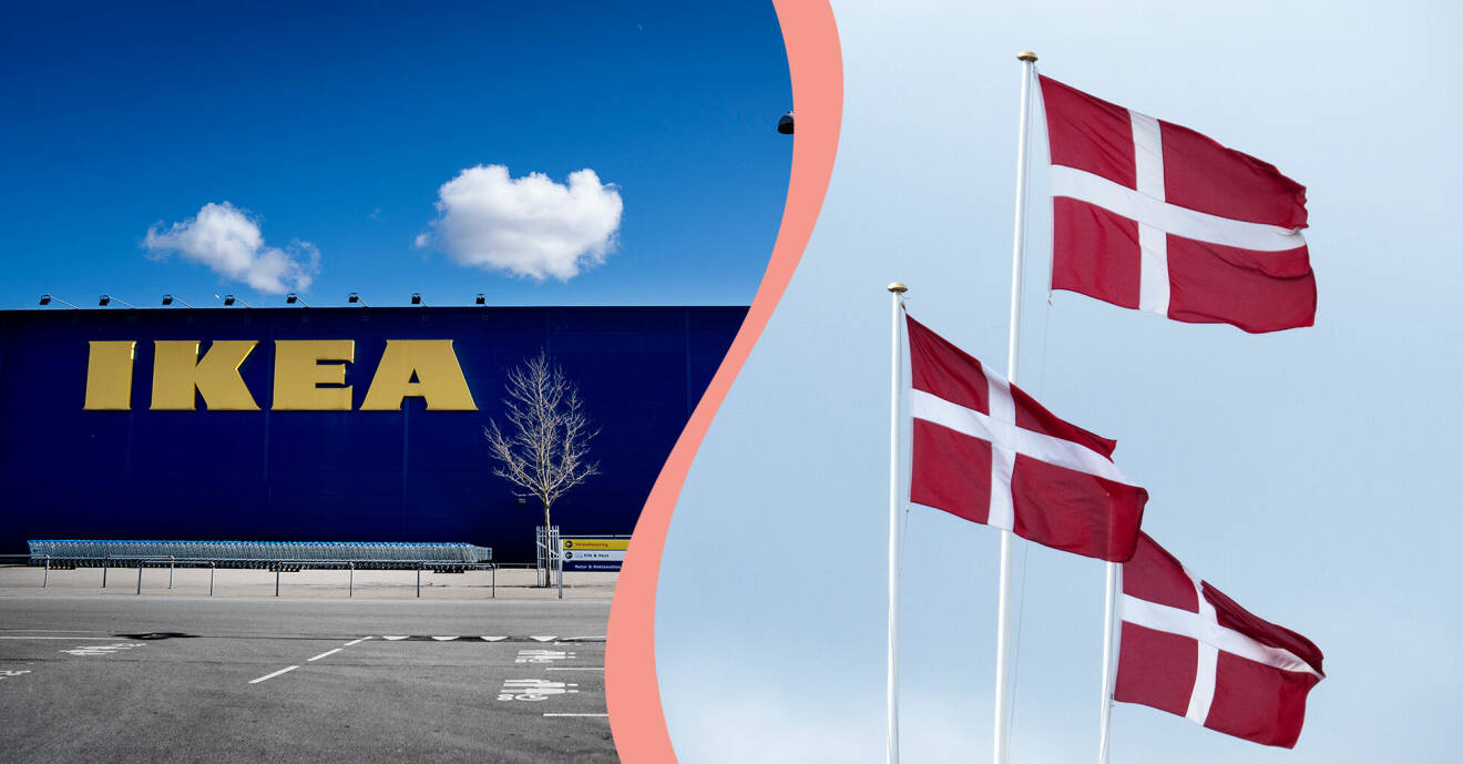 Till vänster, ett Ikea-varuhus i Danmark, till höger, danska flaggan som kallas för Dannebrogen.