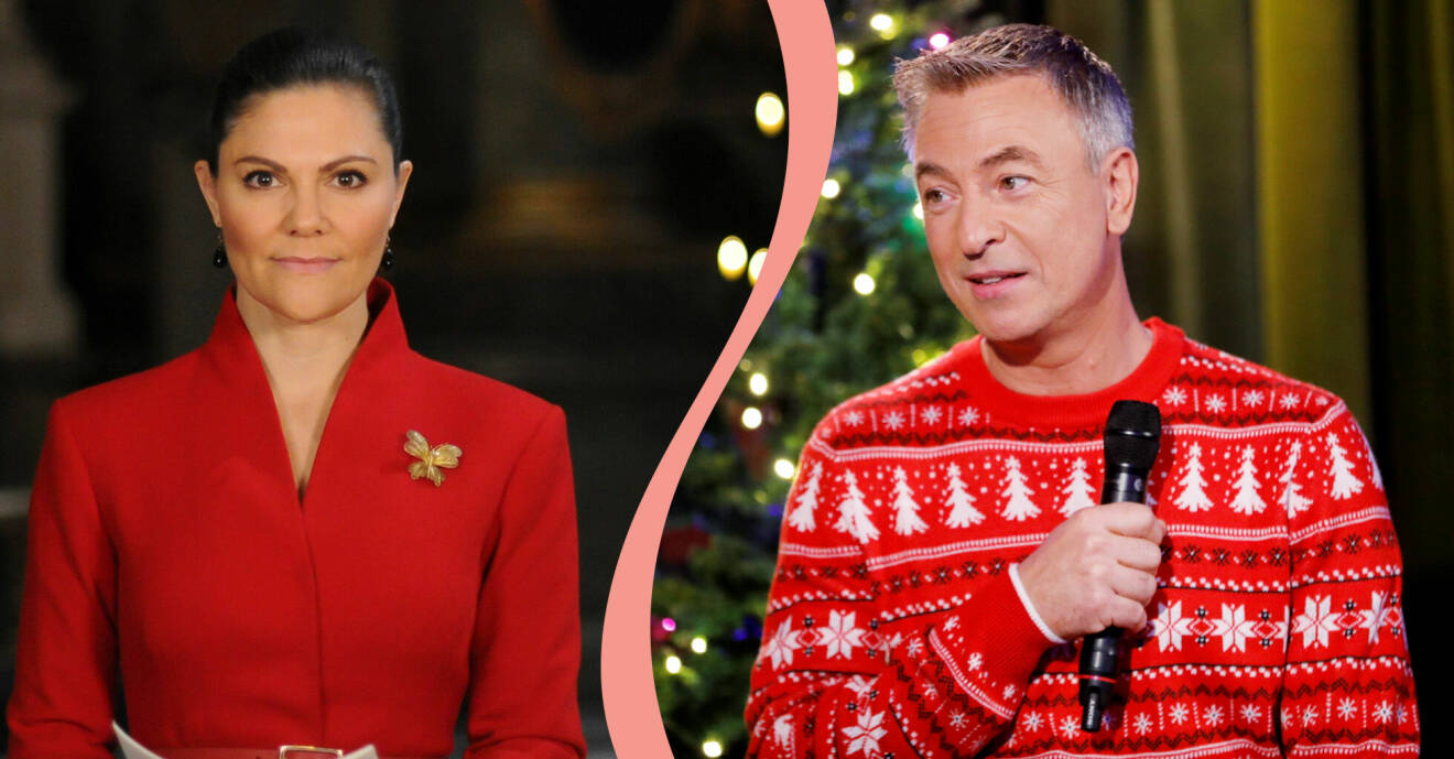 Kronprinsesssan Victoria i röd klänning och Tareq Taylor som julvärd i SVT.