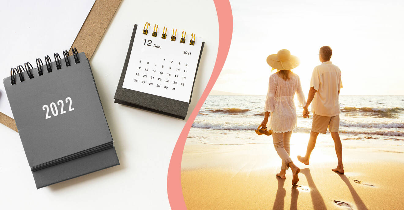 Till vänster, kalender för 2022, till höger, ett par går på stranden.