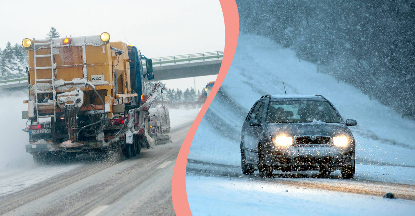 Till vänster, en plogbil som röjer på en större väg, till höger, en personbil på väg upp för en backe i snöoväder.
