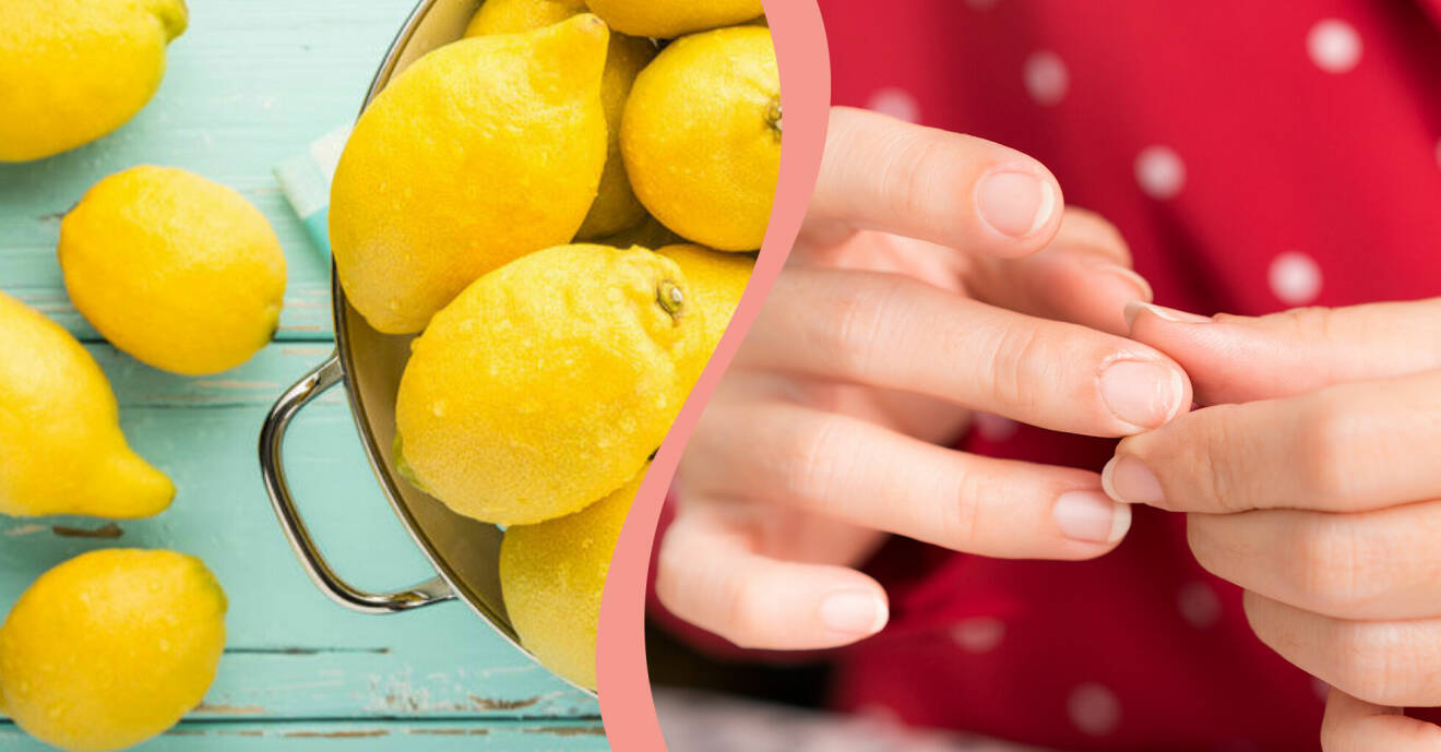 Till vänster, citroner i en skål, till höger, en person inspekterar sina naglar.