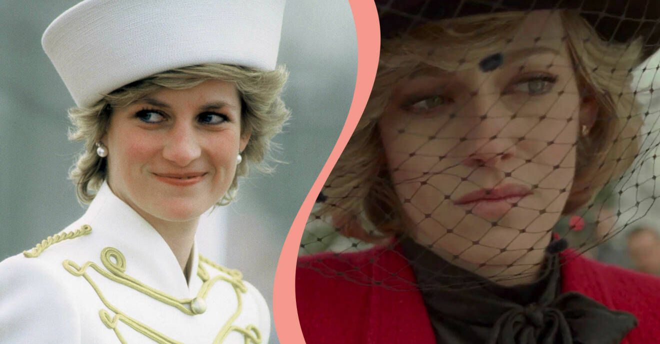 Delad bild. Till vänster prinsessan Diana och till höger Kristen Stewart som spelar Diana i filmen Spencer.