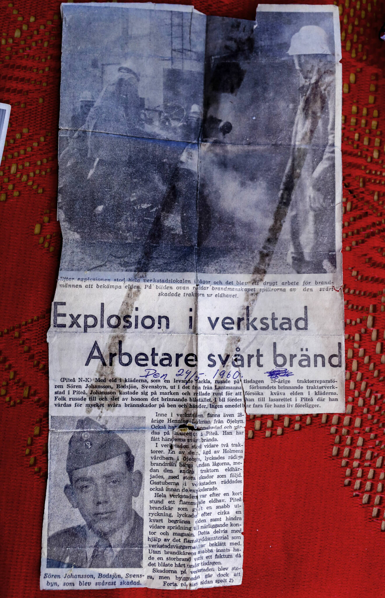 Tidningsurklipp om en arbetsplatsolycka 1960.