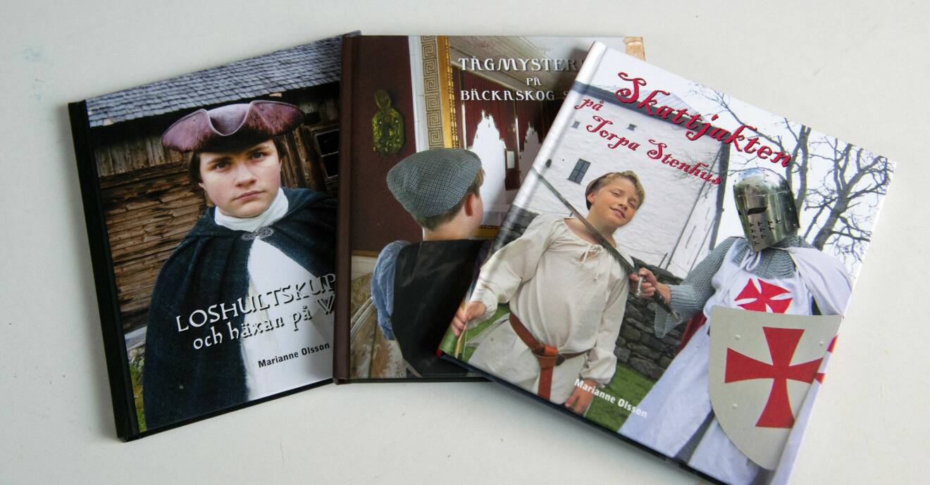 Tre böcker av Marianne Olsson, däribland Skattjakten på Torpa stenhus